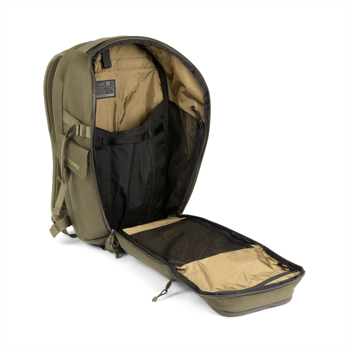 25L Transport Backpack (Olive Drab) with open compartment showing Coyote interior on a white background / Olive Drab