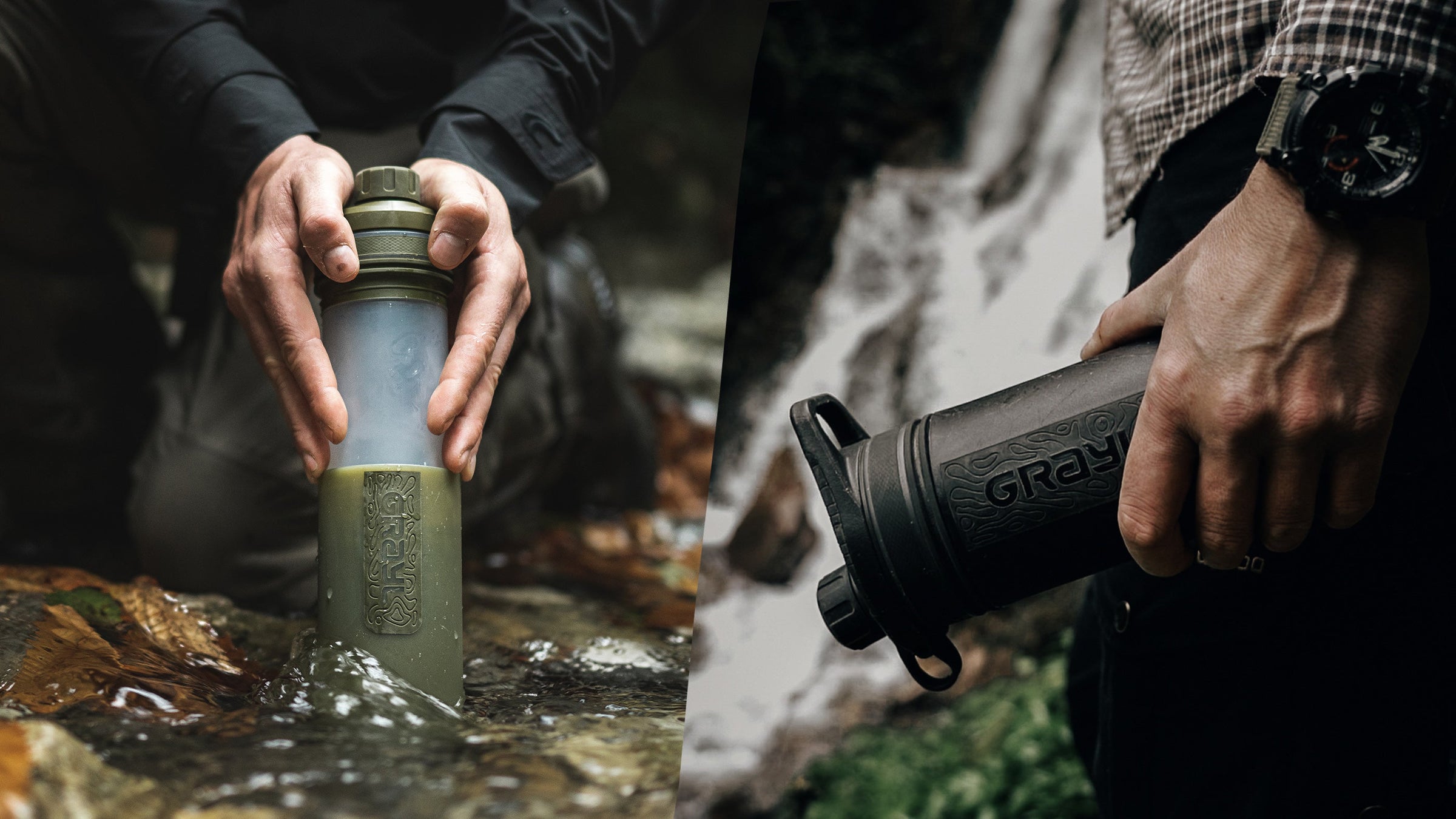 A GeoPress (Covert Black) and UltraPress (Olive Drab) pictured in mountain environment.