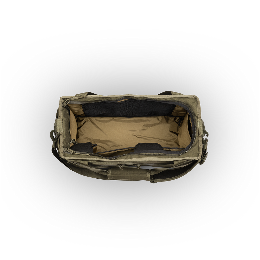 32L Mission Hauler Tote (Olive Drab) with main compartment open showing Coyote interior and pockets on a white background / Olive Drab