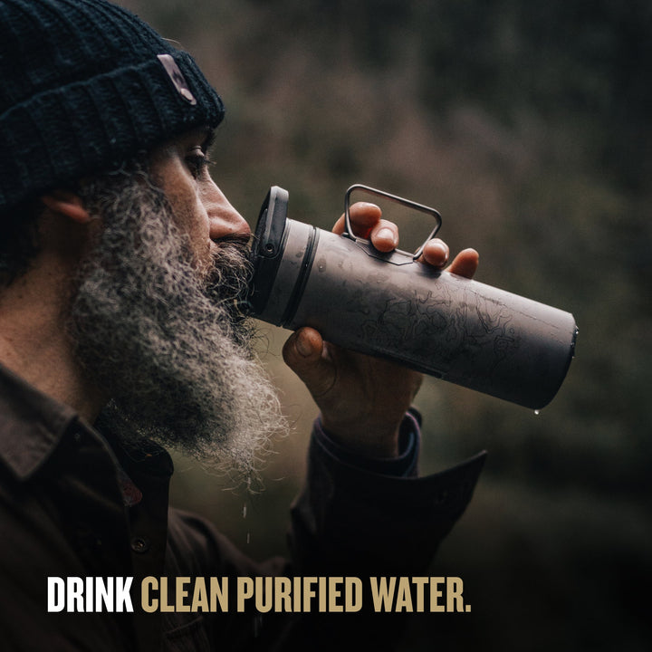 Grayl UltraPress Titanium Filter and Purifier Water Bottle – 16.9 Fluid Ounces / Covert Edition / Drink View / Olive Drab