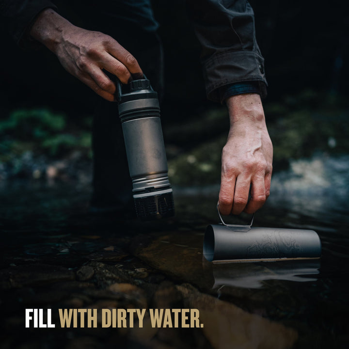 Grayl UltraPress Titanium Filter and Purifier Water Bottle – 16.9 Fluid Ounces / Covert Edition / Fill View / Olive Drab