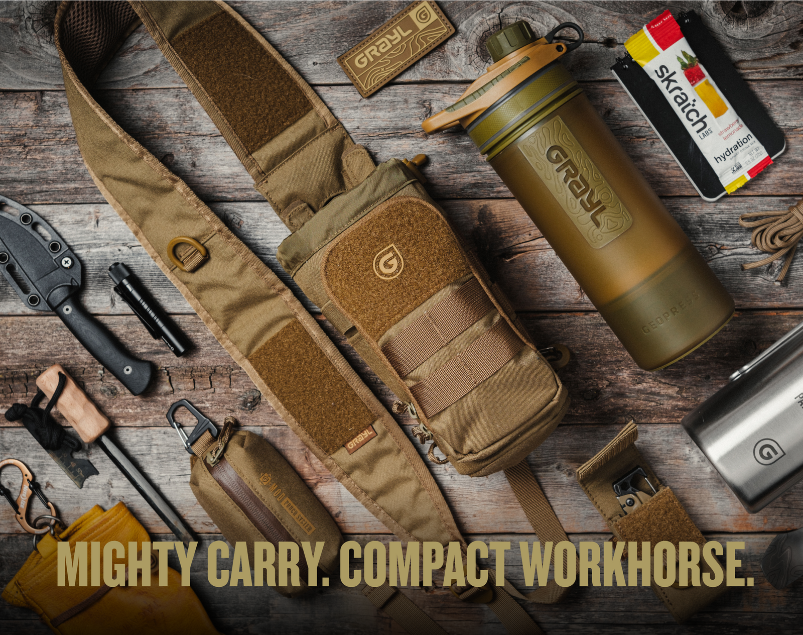 Flat lay photo of Mission Bottle Carrier in Coyote Brown colorway. Pictured along common contents that can be careered within the complete modular system. Iphone, flashlight, blade sharpener, pen, water bottle, Grayl, Field notes journal, MKC knife, GeoPress Nesting Cup, patch.