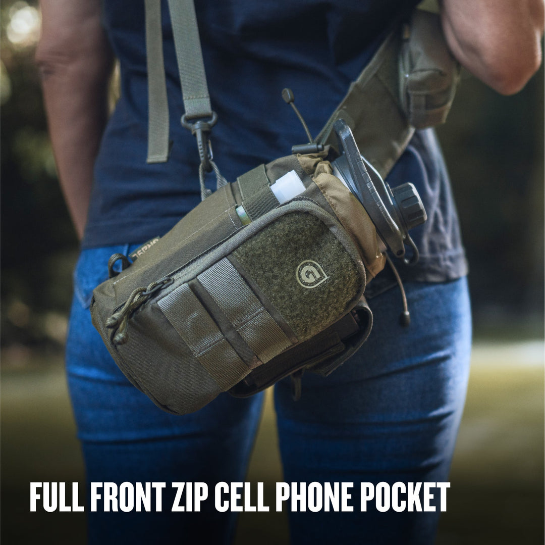Grayl® Mission Water Bottle Sling/ Full Front Zip Cell Phone Pocket / Covert Black / Coyote Brown / Olive Drab / Wander Blue