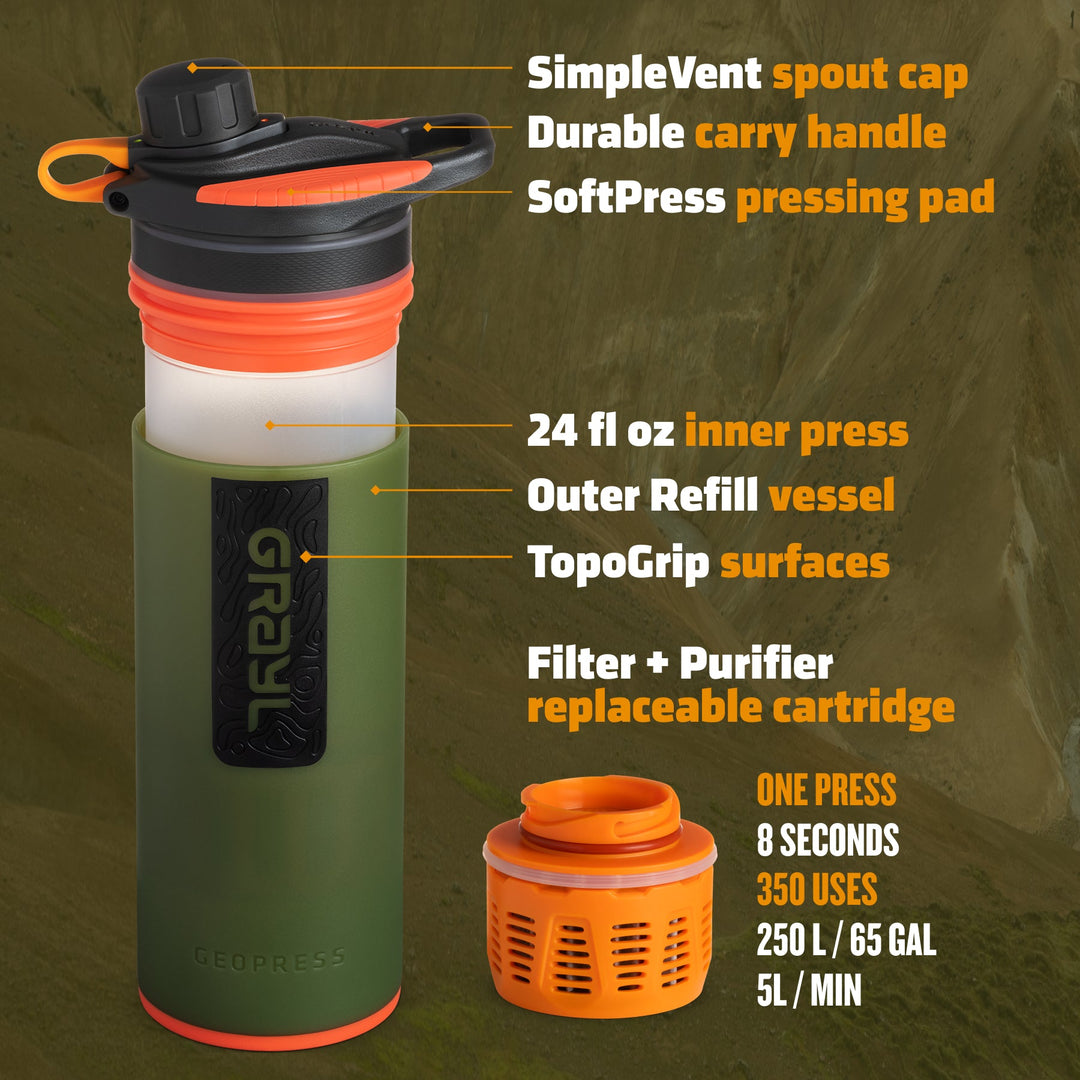 Best top rated Grayl GeoPress Filter and Purifier Water Bottle - 24 Fluid Ounces / Nature Edition / Parts View / Oasis Green