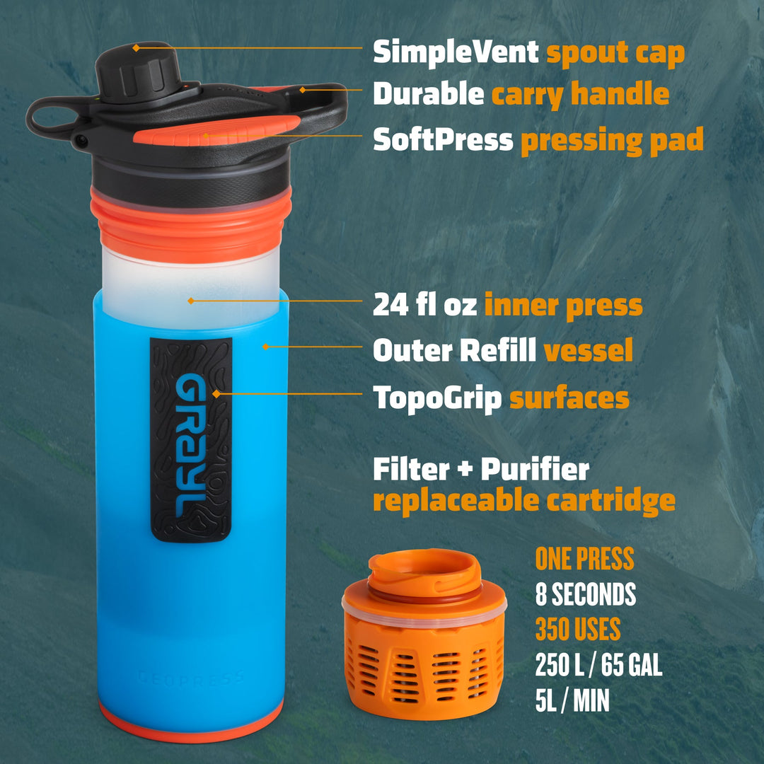 Best top rated Grayl GeoPress Filter and Purifier Water Bottle - 24 Fluid Ounces / Nature Edition / Parts View / Bali Blue