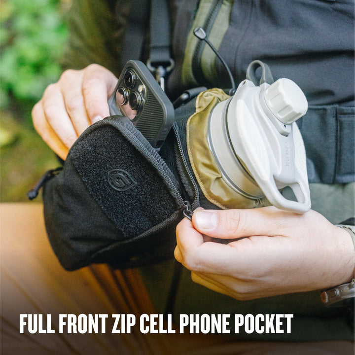 Grayl® Transport Water Bottle Sling/ Full Front Zip Cell Phone Pocket / Covert Black / Coyote Brown / Olive Drab / Wander Blue